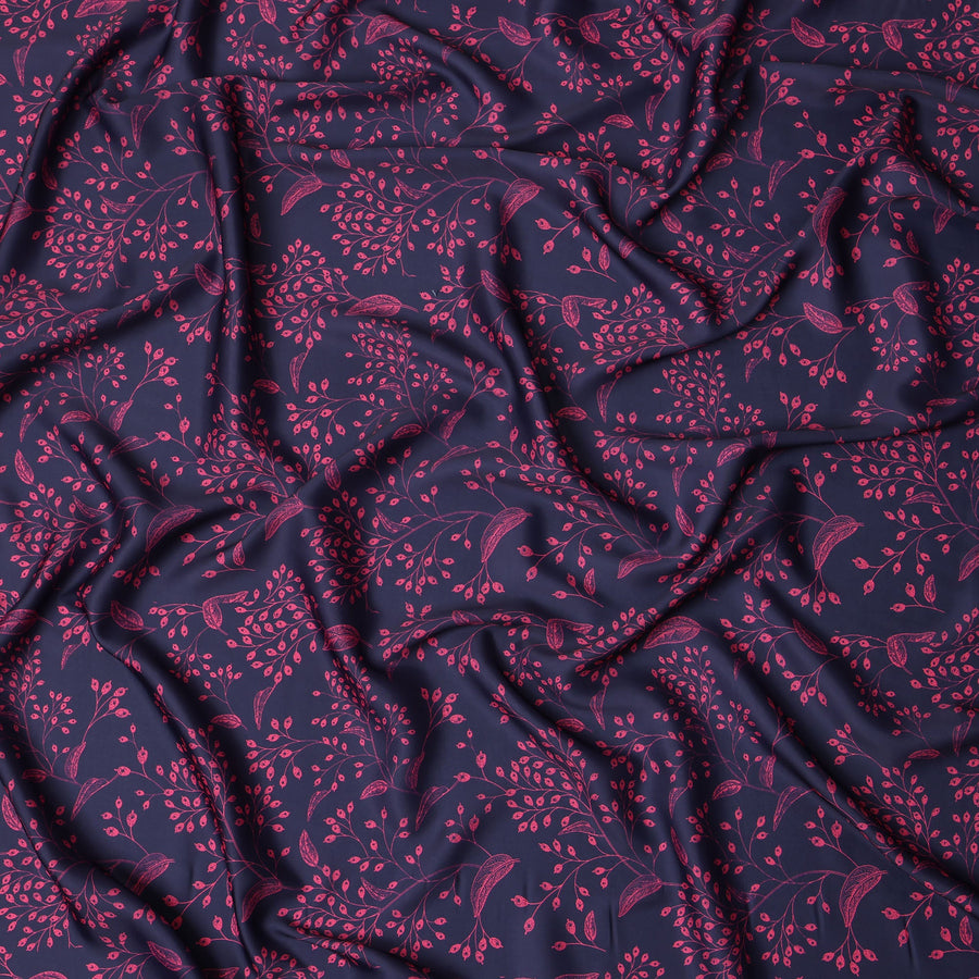 Navy Blue and Magenta Leaf Printed Synthetic Crepe Fabric, 110 Cms Width, Made in India-D26261