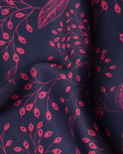 Navy Blue and Magenta Leaf Printed Synthetic Crepe Fabric, 110 Cms Width, Made in India-D26261