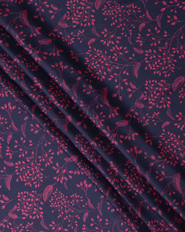 Navy Blue and Magenta Leaf Printed Synthetic Crepe Fabric, 110 Cms Width, Made in India-D26261