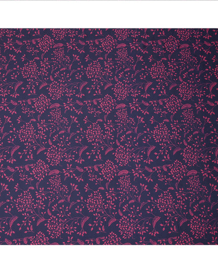 Navy Blue and Magenta Leaf Printed Synthetic Crepe Fabric, 110 Cms Width, Made in India-D26261