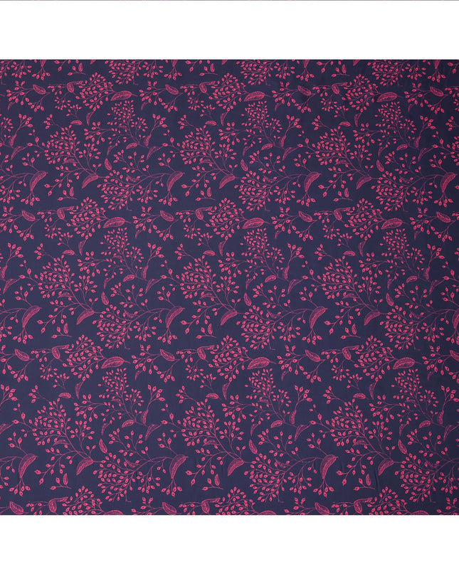 Navy Blue and Magenta Leaf Printed Synthetic Crepe Fabric, 110 Cms Width, Made in India-D26261