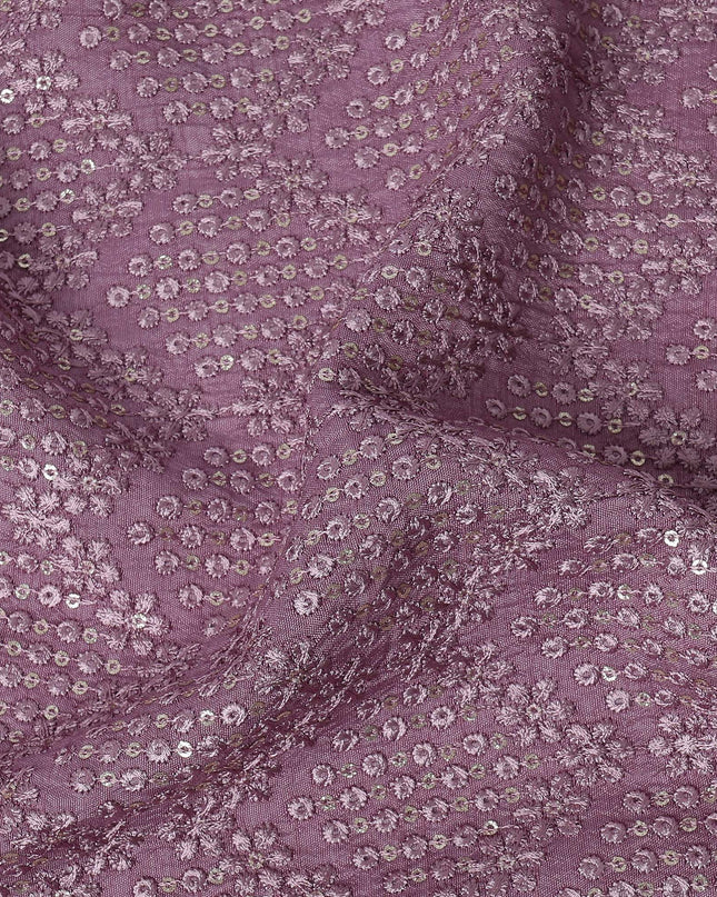 Mauve Sequin Embroidered Geometric Pattern Synthetic Viscose Fabric, 110 Cms Width, Made in India-D26375