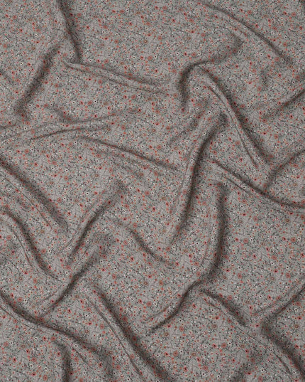Grey Multicolor Floral Printed Viscose Crepe Fabric with Delicate Botanical Design, 110 cms Width, Made in India-D26275