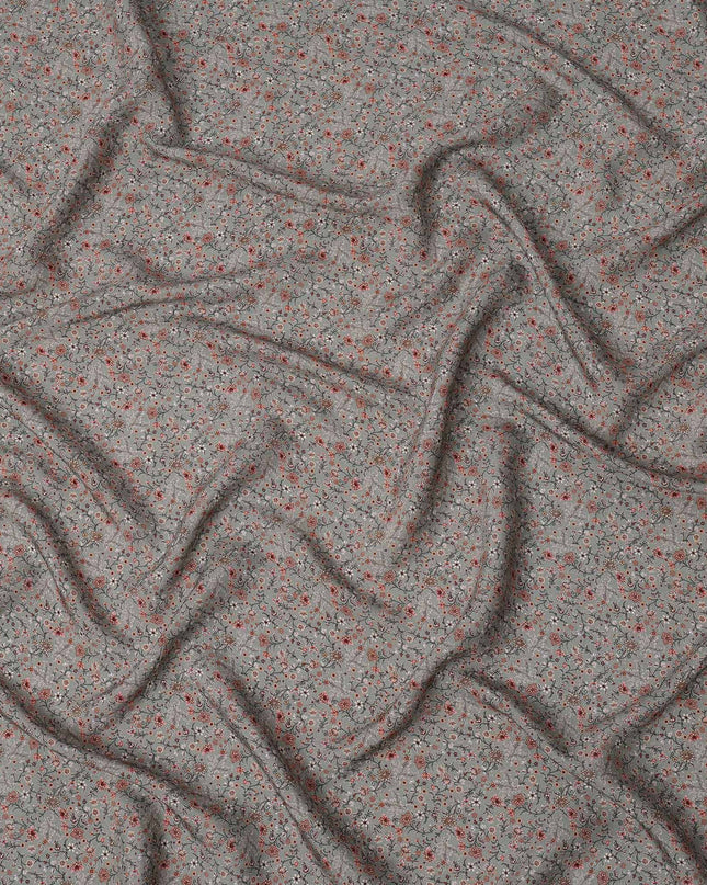 Grey Multicolor Floral Printed Viscose Crepe Fabric with Delicate Botanical Design, 110 cms Width, Made in India-D26275