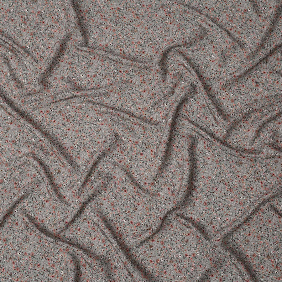 Grey Multicolor Floral Printed Viscose Crepe Fabric with Delicate Botanical Design, 110 cms Width, Made in India-D26275