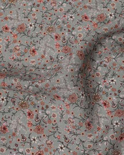Grey Multicolor Floral Printed Viscose Crepe Fabric with Delicate Botanical Design, 110 cms Width, Made in India-D26275