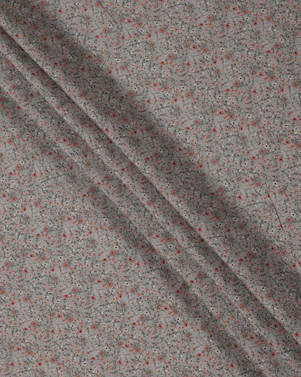 Grey Multicolor Floral Printed Viscose Crepe Fabric with Delicate Botanical Design, 110 cms Width, Made in India-D26275