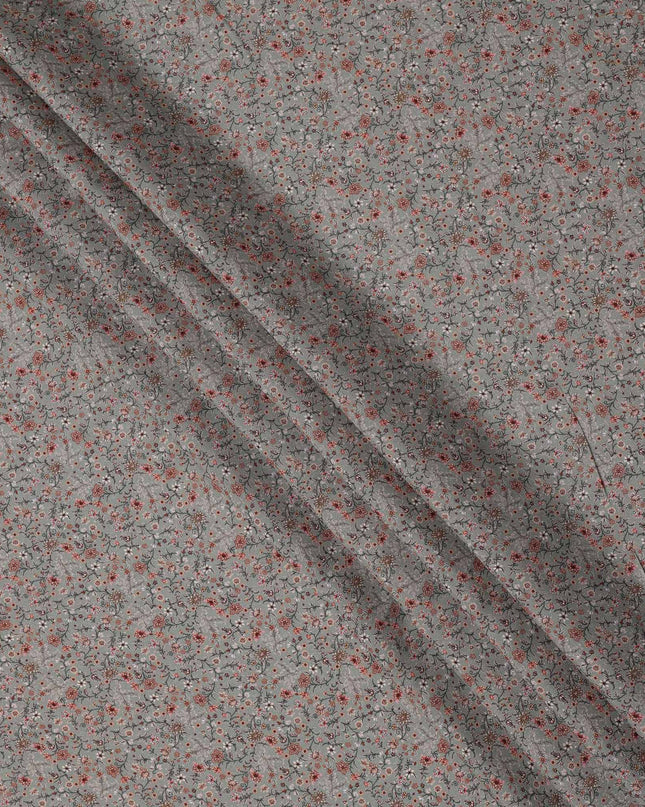 Grey Multicolor Floral Printed Viscose Crepe Fabric with Delicate Botanical Design, 110 cms Width, Made in India-D26275