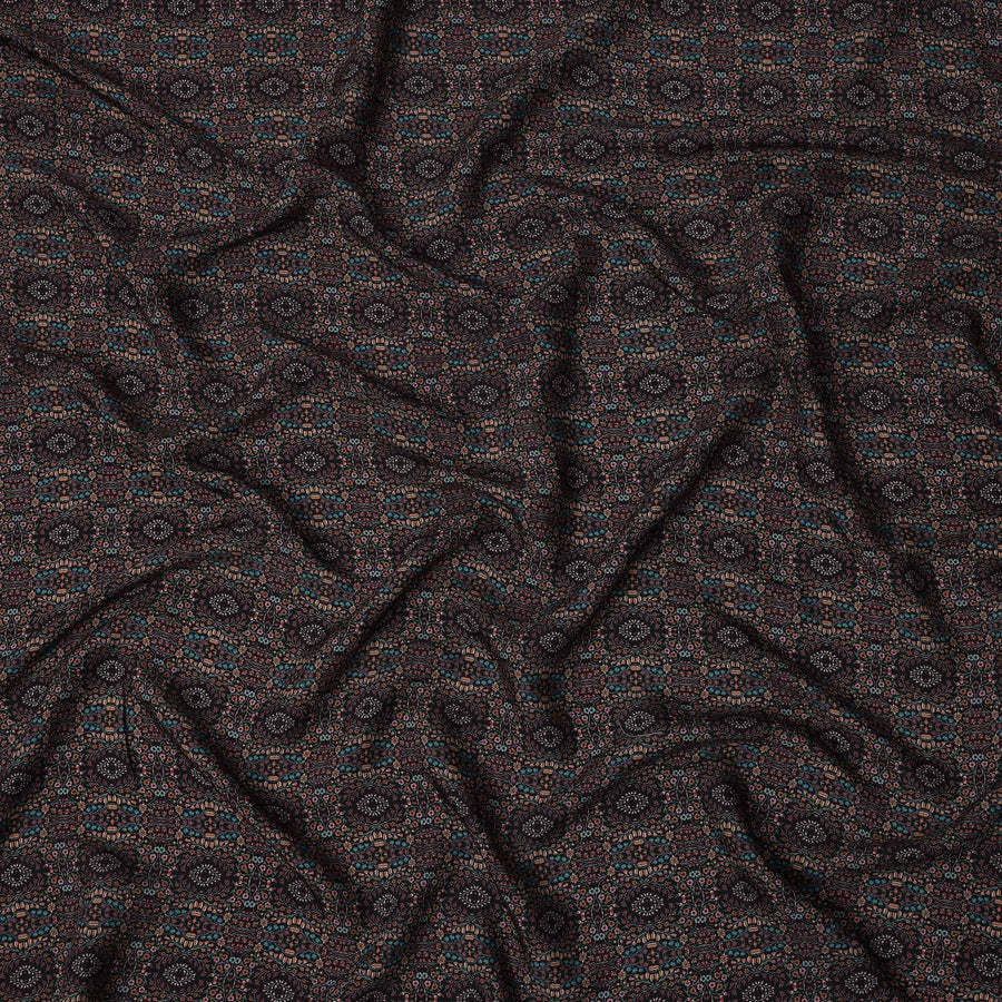 Black Geometric Printed Viscose Crepe Fabric with Multicolor Mosaic Pattern, 110 cms Width, Made in India-D26285