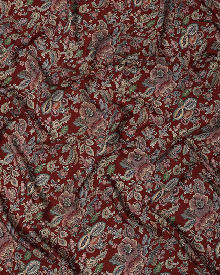 Maroon Multicolor Floral Printed Viscose Crepe Fabric with Ornate Botanical Design, 110 cms Width, Made in India-D26305