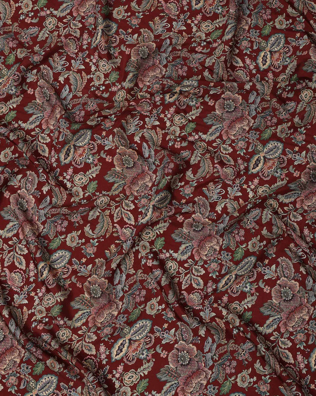 Maroon Multicolor Floral Printed Viscose Crepe Fabric with Ornate Botanical Design, 110 cms Width, Made in India-D26305