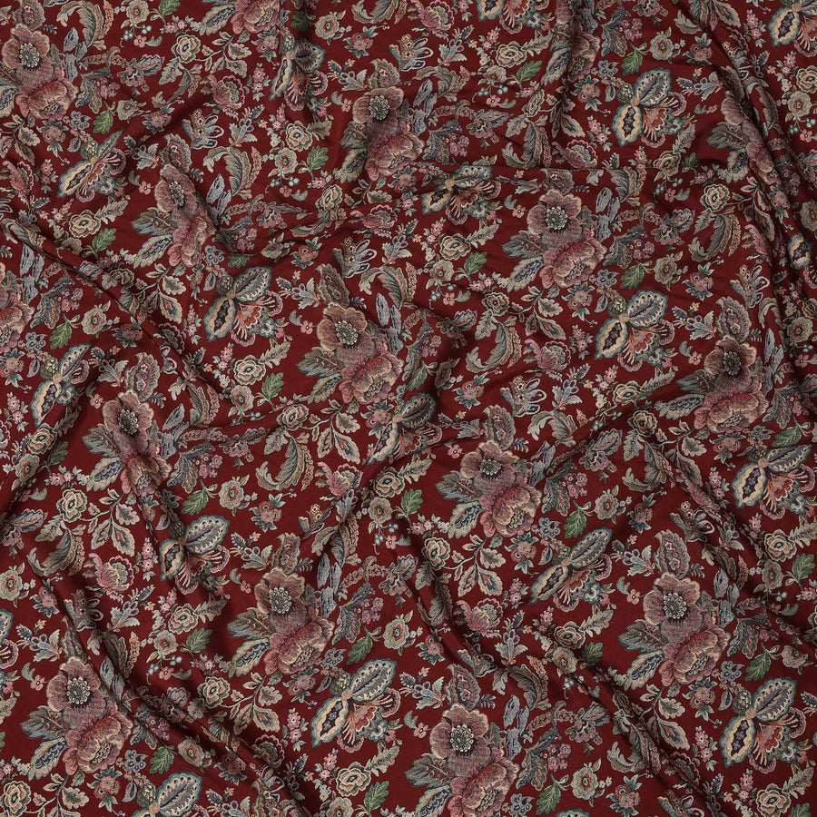 Maroon Multicolor Floral Printed Viscose Crepe Fabric with Ornate Botanical Design, 110 cms Width, Made in India-D26305