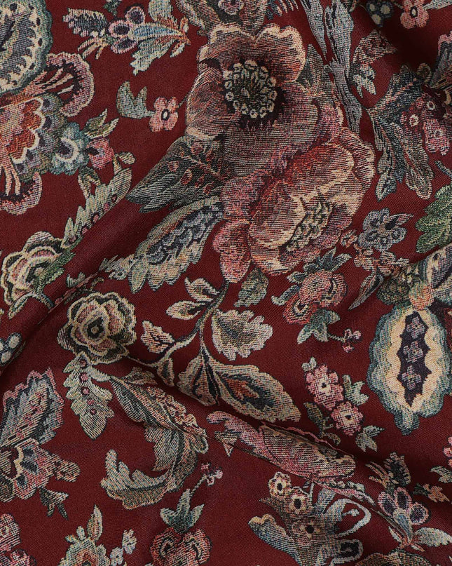 Maroon Multicolor Floral Printed Viscose Crepe Fabric with Ornate Botanical Design, 110 cms Width, Made in India-D26305