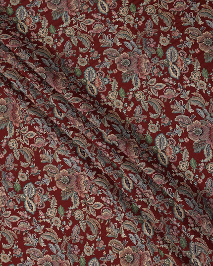 Maroon Multicolor Floral Printed Viscose Crepe Fabric with Ornate Botanical Design, 110 cms Width, Made in India-D26305