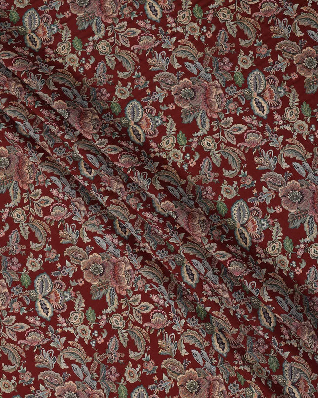 Maroon Multicolor Floral Printed Viscose Crepe Fabric with Ornate Botanical Design, 110 cms Width, Made in India-D26305
