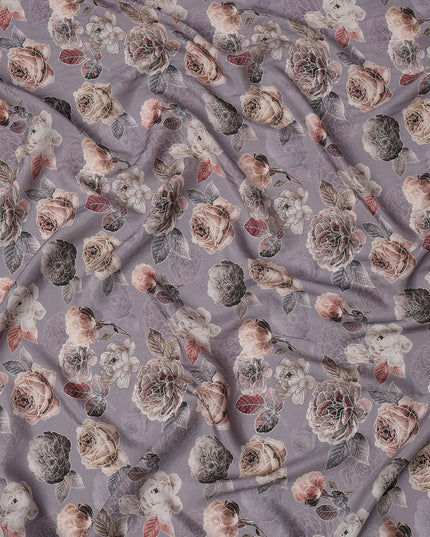 Lavender Floral Printed Viscose Crepe Fabric with Beige and Mauve Rose Design, 110 cms Width, Made in India-D26282