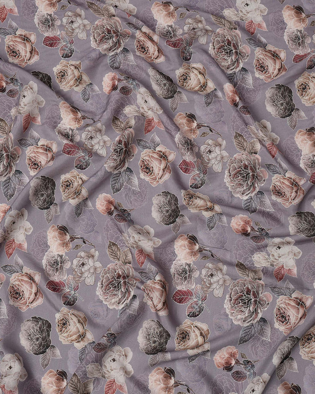 Lavender Floral Printed Viscose Crepe Fabric with Beige and Mauve Rose Design, 110 cms Width, Made in India-D26282