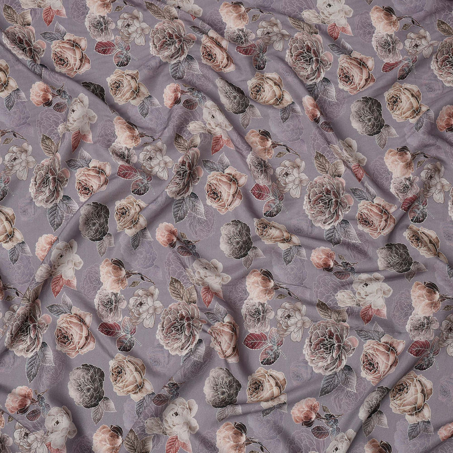Lavender Floral Printed Viscose Crepe Fabric with Beige and Mauve Rose Design, 110 cms Width, Made in India-D26282