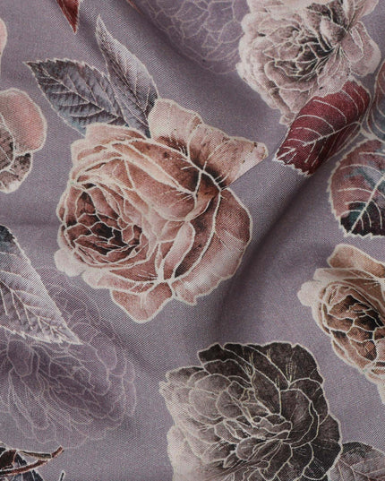 Lavender Floral Printed Viscose Crepe Fabric with Beige and Mauve Rose Design, 110 cms Width, Made in India-D26282