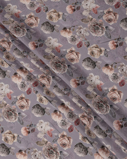 Lavender Floral Printed Viscose Crepe Fabric with Beige and Mauve Rose Design, 110 cms Width, Made in India-D26282