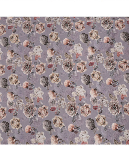 Lavender Floral Printed Viscose Crepe Fabric with Beige and Mauve Rose Design, 110 cms Width, Made in India-D26282