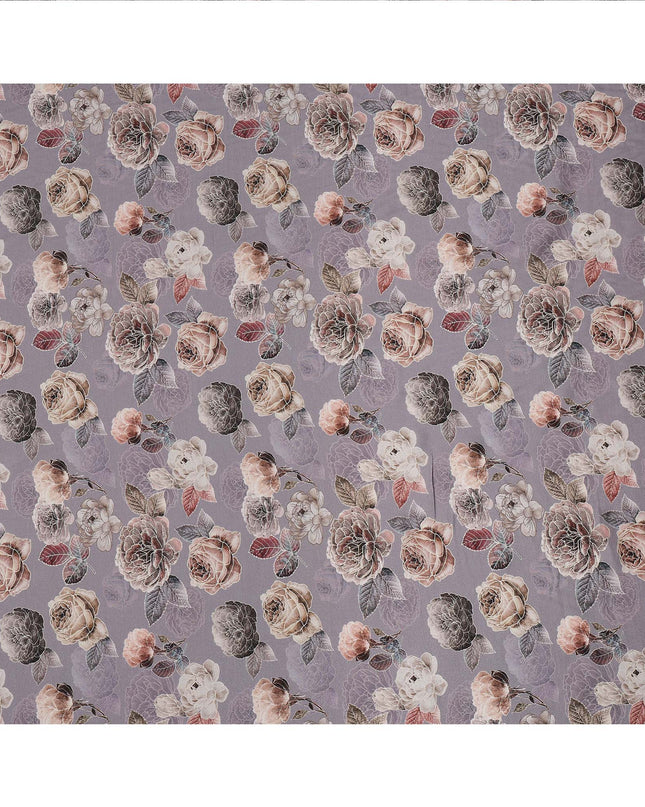 Lavender Floral Printed Viscose Crepe Fabric with Beige and Mauve Rose Design, 110 cms Width, Made in India-D26282