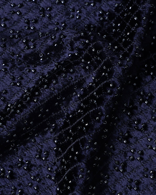 Royal Navy Blue Self Trellis Synthetic Blended Velvet Fabric