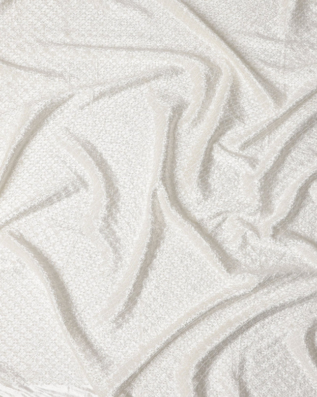 Ivory White Self Trellis Synthetic Blended Velvet Fabric