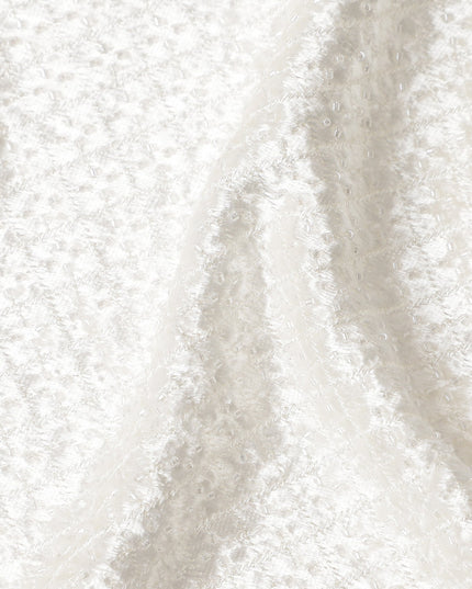 Ivory White Self Trellis Synthetic Blended Velvet Fabric