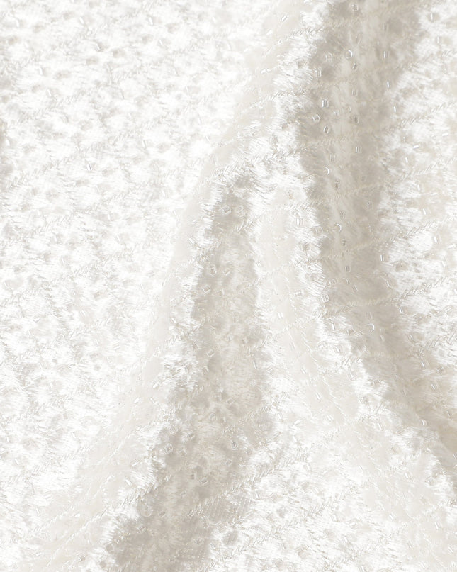Ivory White Self Trellis Synthetic Blended Velvet Fabric