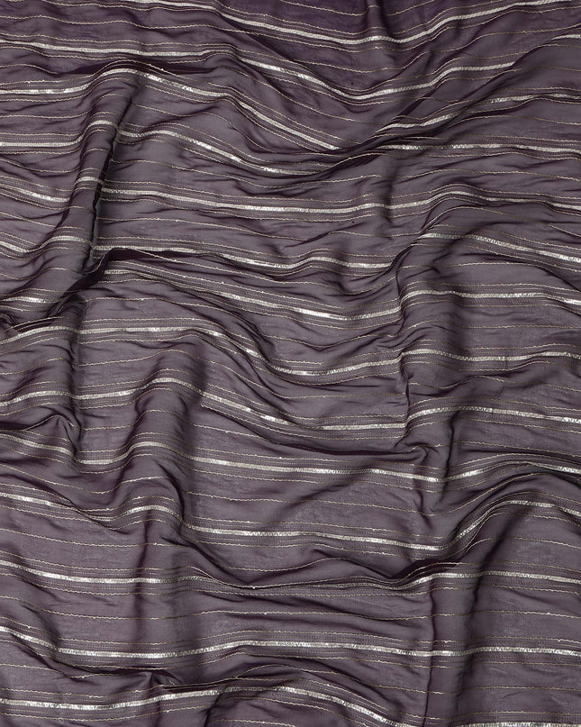 Dark Mauve Silver Zari Striped Synthetic Georgette Chiffon Fabric, 110 Cms Width, Made in India-D26203
