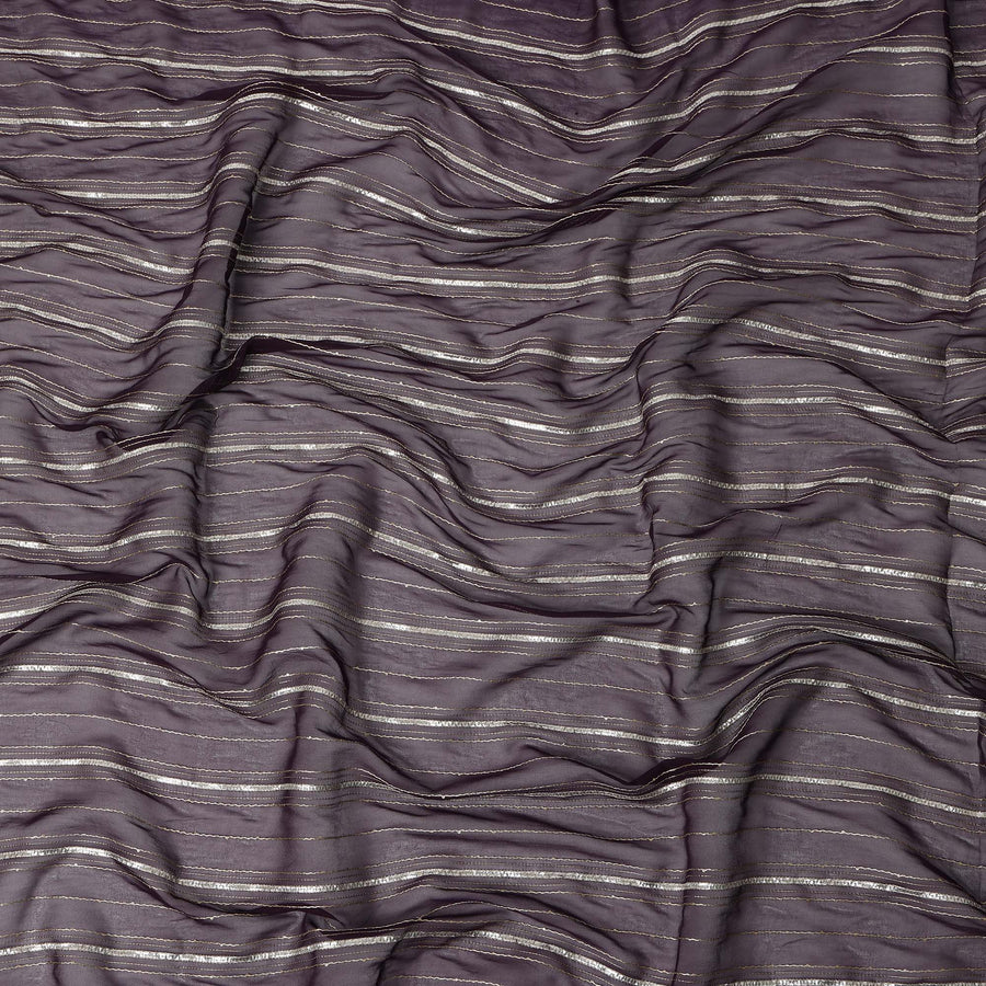 Dark Mauve Silver Zari Striped Synthetic Georgette Chiffon Fabric, 110 Cms Width, Made in India-D26203