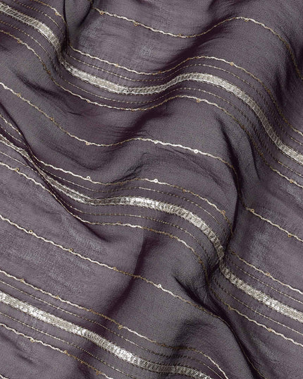 Dark Mauve Silver Zari Striped Synthetic Georgette Chiffon Fabric, 110 Cms Width, Made in India-D26203