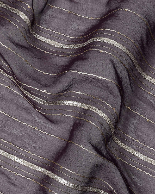 Dark Mauve Silver Zari Striped Synthetic Georgette Chiffon Fabric, 110 Cms Width, Made in India-D26203