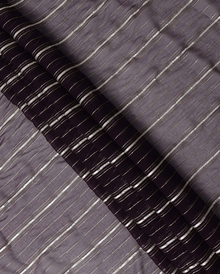Dark Mauve Silver Zari Striped Synthetic Georgette Chiffon Fabric, 110 Cms Width, Made in India-D26203
