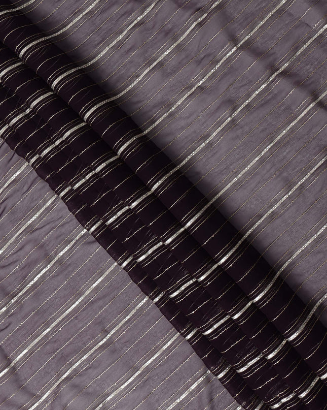 Dark Mauve Silver Zari Striped Synthetic Georgette Chiffon Fabric, 110 Cms Width, Made in India-D26203