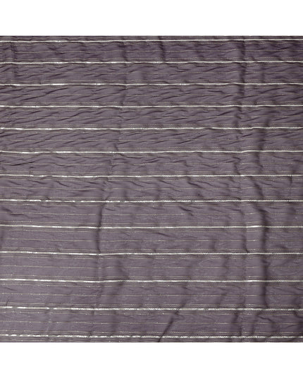 Dark Mauve Silver Zari Striped Synthetic Georgette Chiffon Fabric, 110 Cms Width, Made in India-D26203