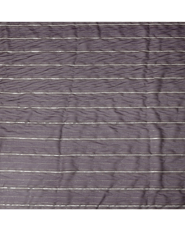 Dark Mauve Silver Zari Striped Synthetic Georgette Chiffon Fabric, 110 Cms Width, Made in India-D26203