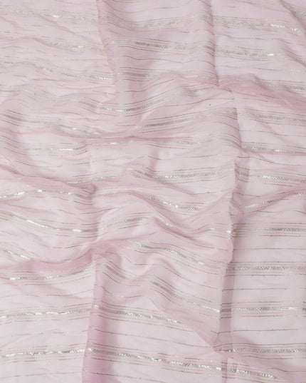 Baby Pink Silver Zari Striped Synthetic Georgette Chiffon Fabric, 110 Cms Width, Made in India-D26194