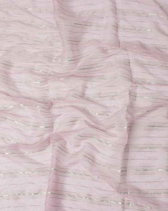 Baby Pink Silver Zari Striped Synthetic Georgette Chiffon Fabric, 110 Cms Width, Made in India-D26194