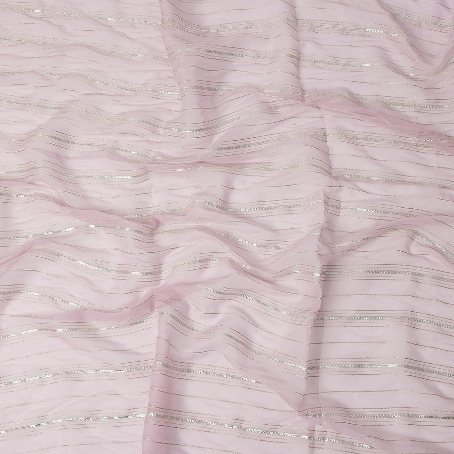 Baby Pink Silver Zari Striped Synthetic Georgette Chiffon Fabric, 110 Cms Width, Made in India-D26194
