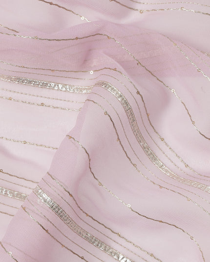 Baby Pink Silver Zari Striped Synthetic Georgette Chiffon Fabric, 110 Cms Width, Made in India-D26194