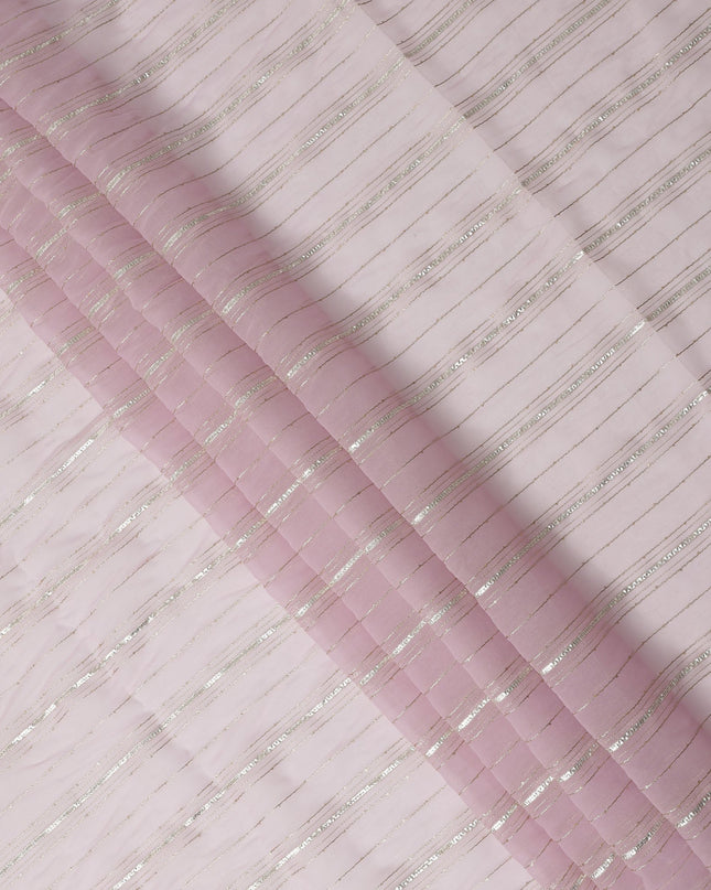 Baby Pink Silver Zari Striped Synthetic Georgette Chiffon Fabric, 110 Cms Width, Made in India-D26194