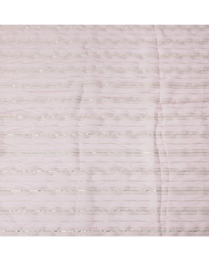 Baby Pink Silver Zari Striped Synthetic Georgette Chiffon Fabric, 110 Cms Width, Made in India-D26194