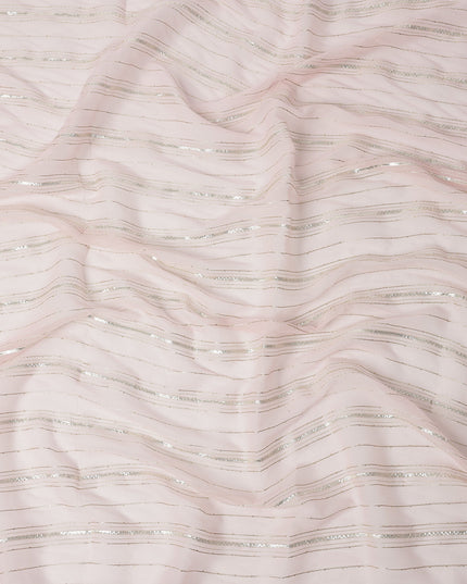 Light Pink Silver Zari Striped Synthetic Georgette Chiffon Fabric, 110 Cms Width, Made in India-D26200