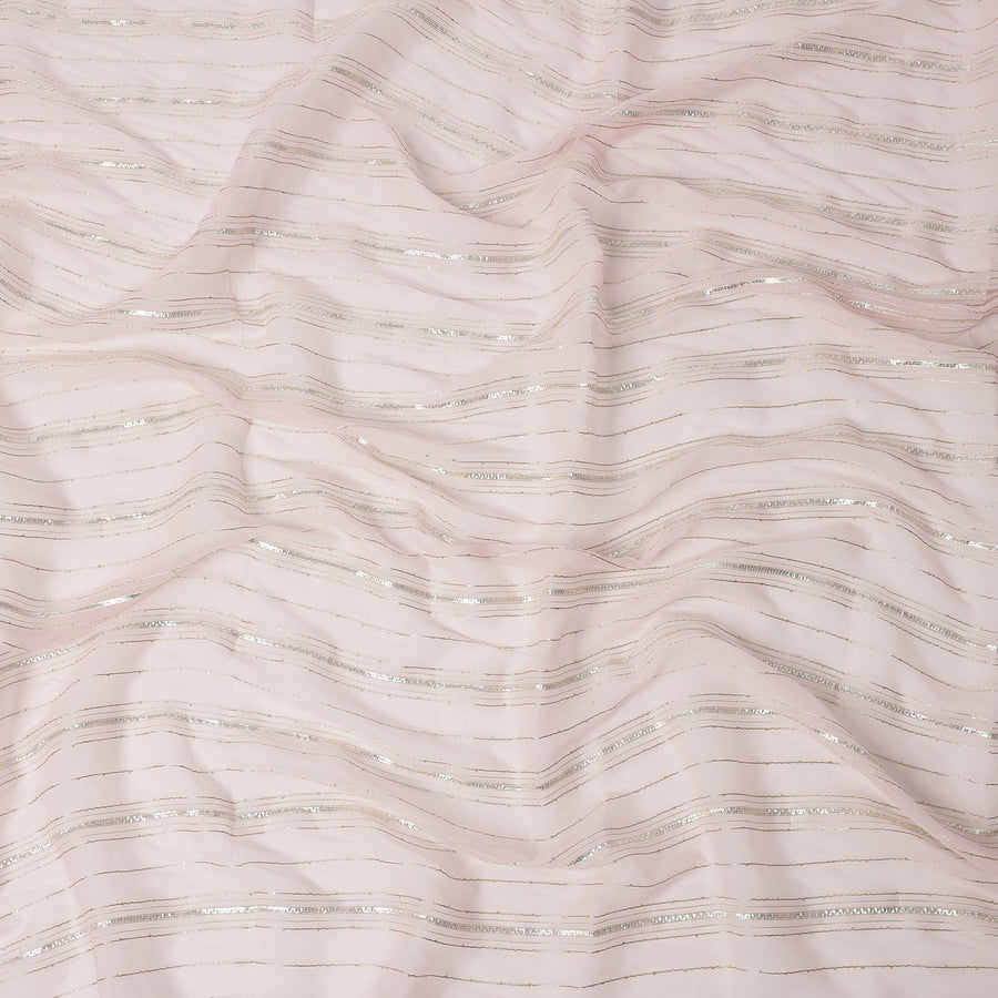 Light Pink Silver Zari Striped Synthetic Georgette Chiffon Fabric, 110 Cms Width, Made in India-D26200