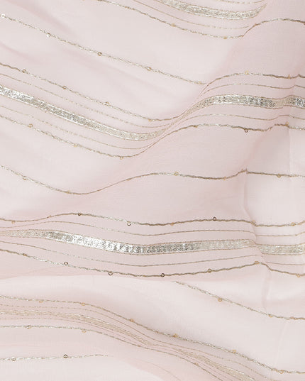 Light Pink Silver Zari Striped Synthetic Georgette Chiffon Fabric, 110 Cms Width, Made in India-D26200
