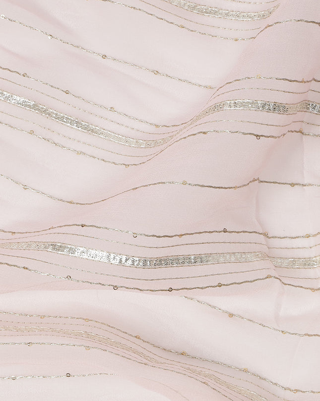 Light Pink Silver Zari Striped Synthetic Georgette Chiffon Fabric, 110 Cms Width, Made in India-D26200