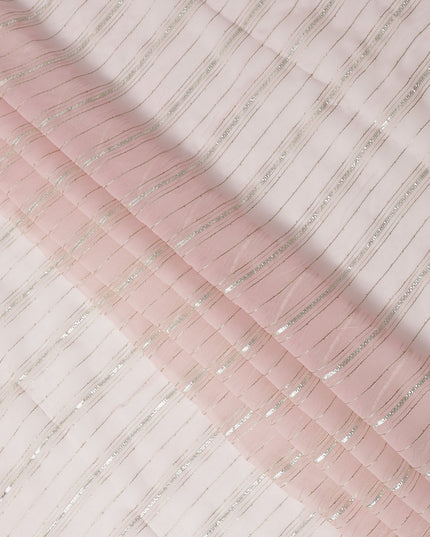Light Pink Silver Zari Striped Synthetic Georgette Chiffon Fabric, 110 Cms Width, Made in India-D26200