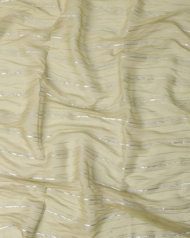 Light Yellow Silver Zari Striped Synthetic Georgette Chiffon Fabric, 110 Cms Width, Made in India-D26205
